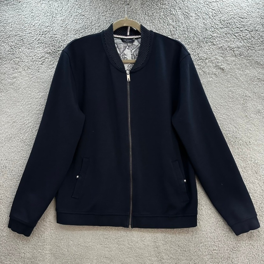 Ted Baker London Mens Large Navy Blue Full Zip Bomber Jacket Leaf Lining Comfort